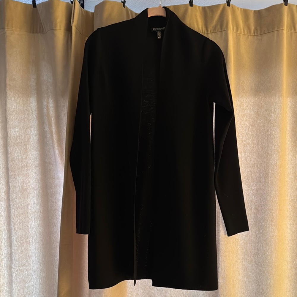 Eileen Fisher Black Knit Open Front Wool Crepe Cardigan Size PP Lightweight